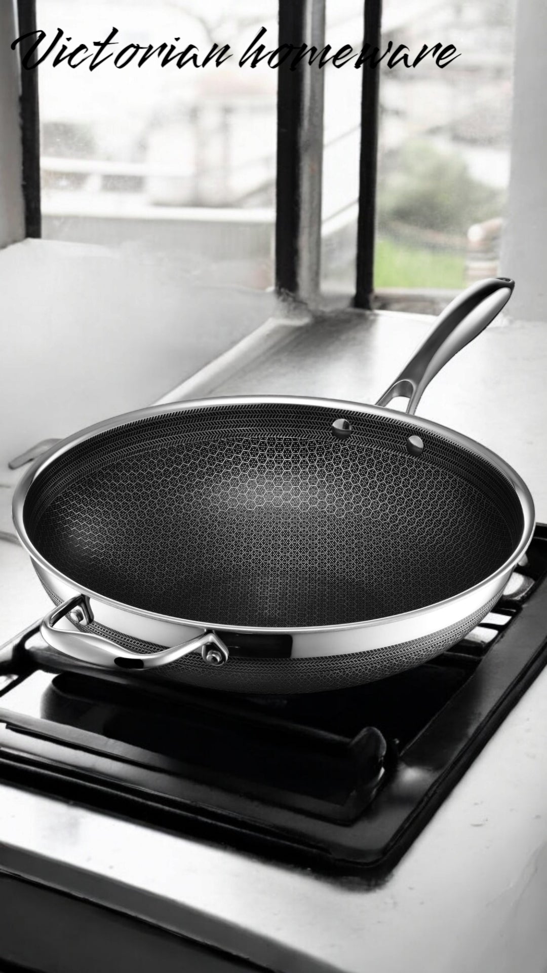 34 CM Triply Wok Honeycomb Hybrid Technology Non Stick 304 Stainless Steel Grade with Glass Lid