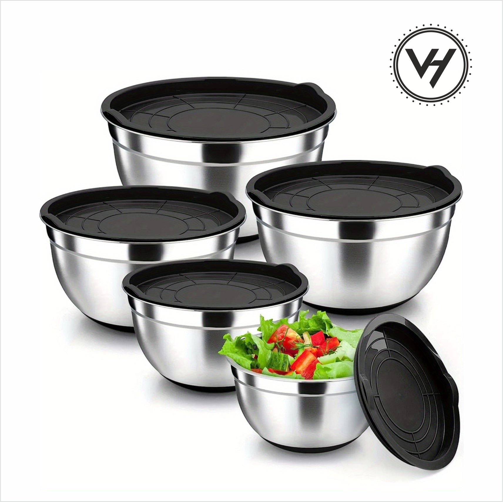 Salad Bowls with Lid+with Silicone Bottom 5 PCS Set&nbsp;